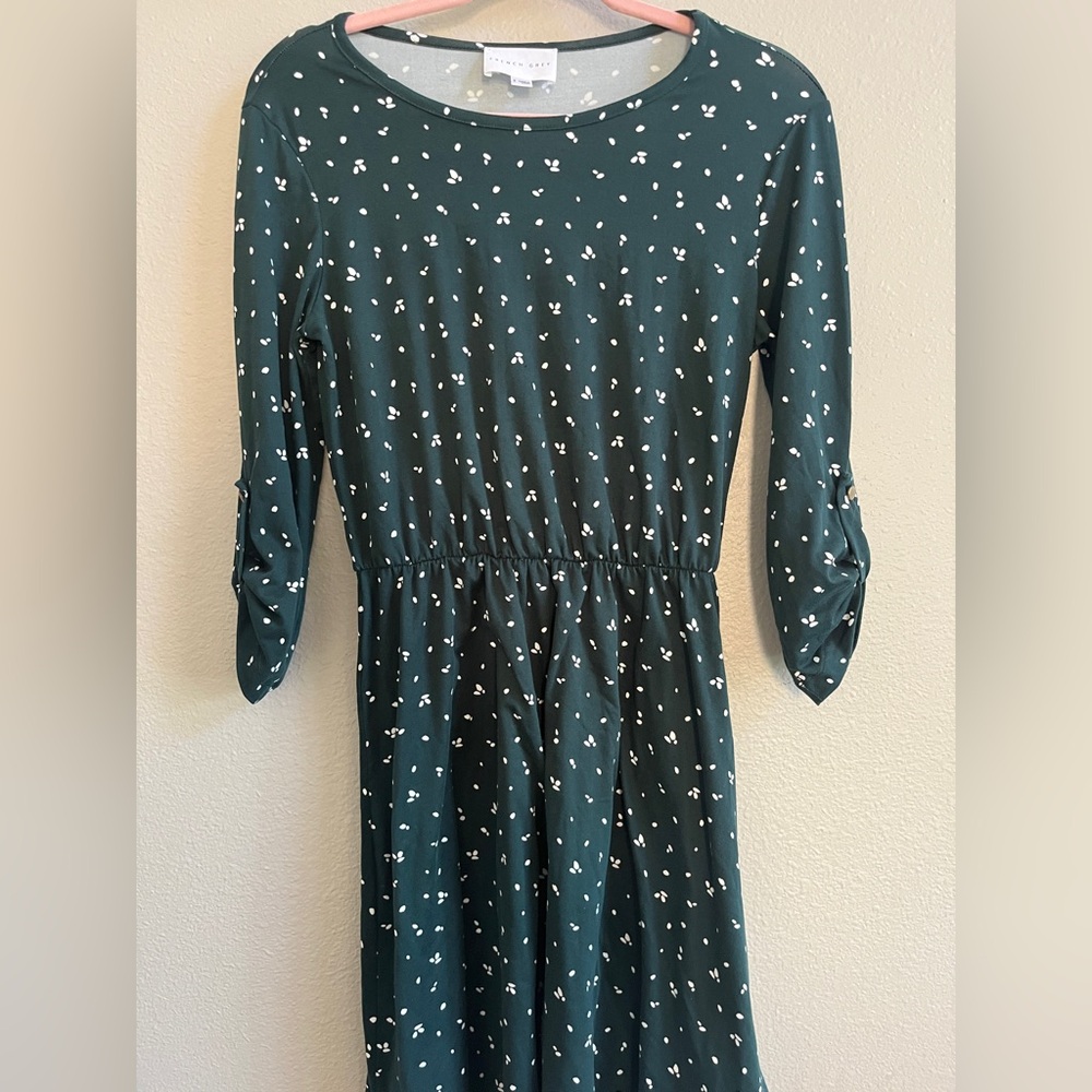 🌿 French Grey Green Printed Midi Dress 🌿